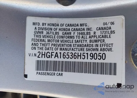 2006 Honda Civic Lx from USA, damaged, VIN 2HGFA16536H519050